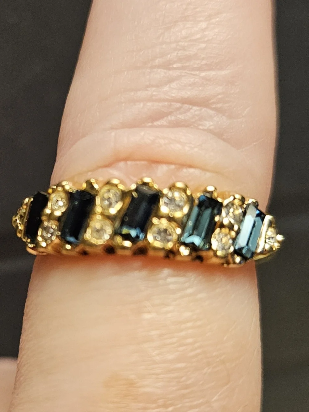 Gold Plated Blue Crystal & Clear CZ Bar Ring. Size 8 - Picture 5 of 5